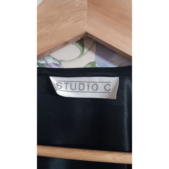 Studio C Satin XL Black Silver Vintage Party Event Flowy Paisley Button Top - Picture 3 of 5